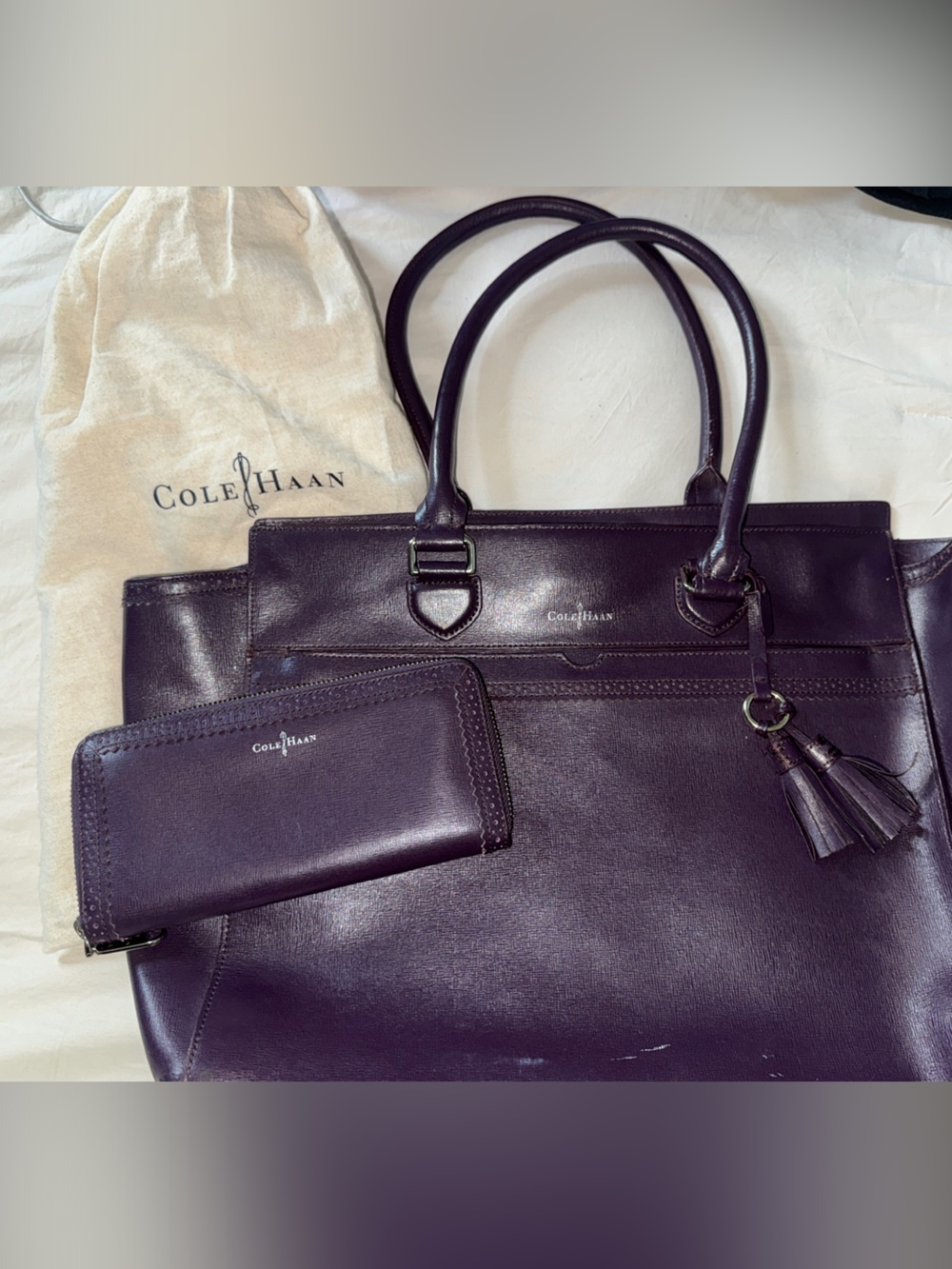 Cole Haan Purple Leather Tote with Tassel and Matching Wallet with Dust Cover